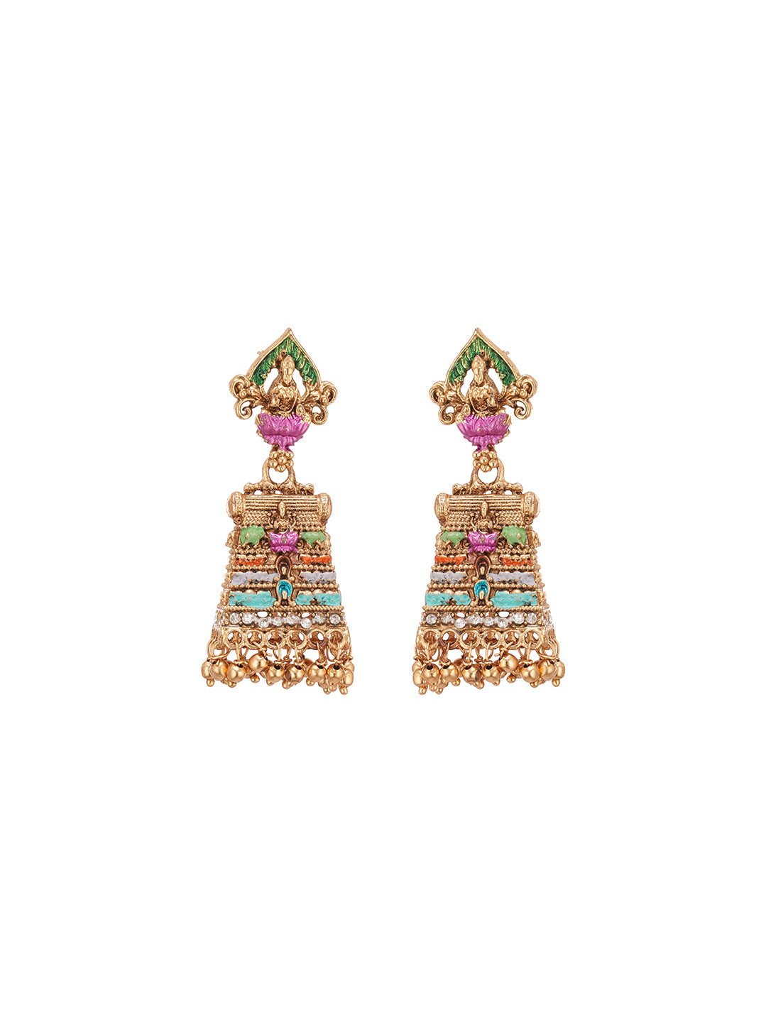 Antique Gold Plated Multicolour Beaded Temple Jhumka Earrings