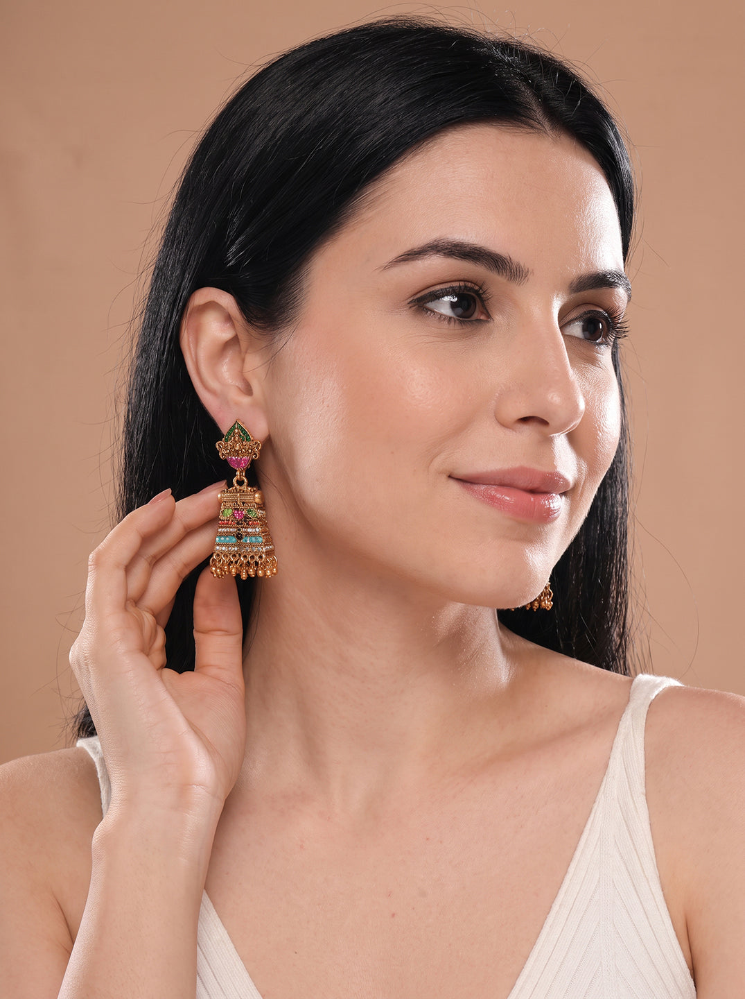 Antique Gold Plated Multicolour Beaded Temple Jhumka Earrings