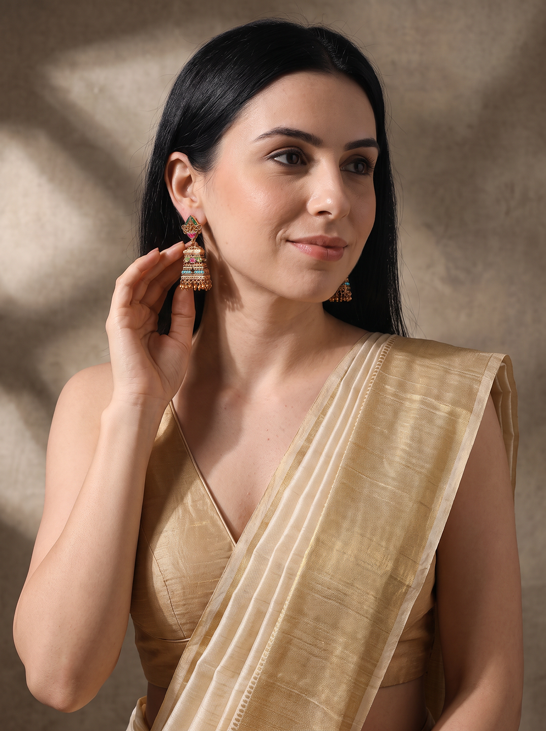 Antique Gold Plated Multicolour Beaded Temple Jhumka Earrings