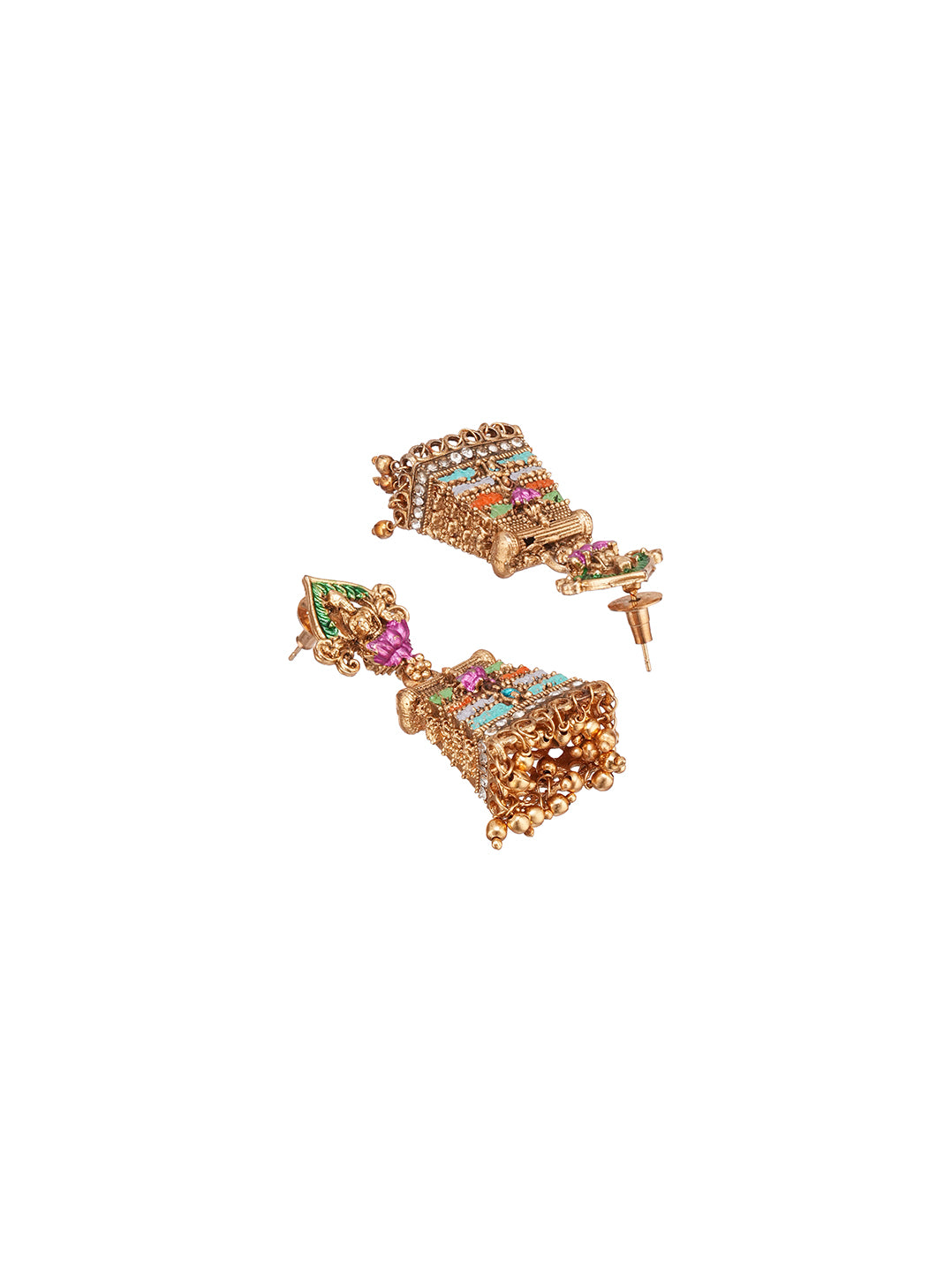 Antique Gold Plated Multicolour Beaded Temple Jhumka Earrings