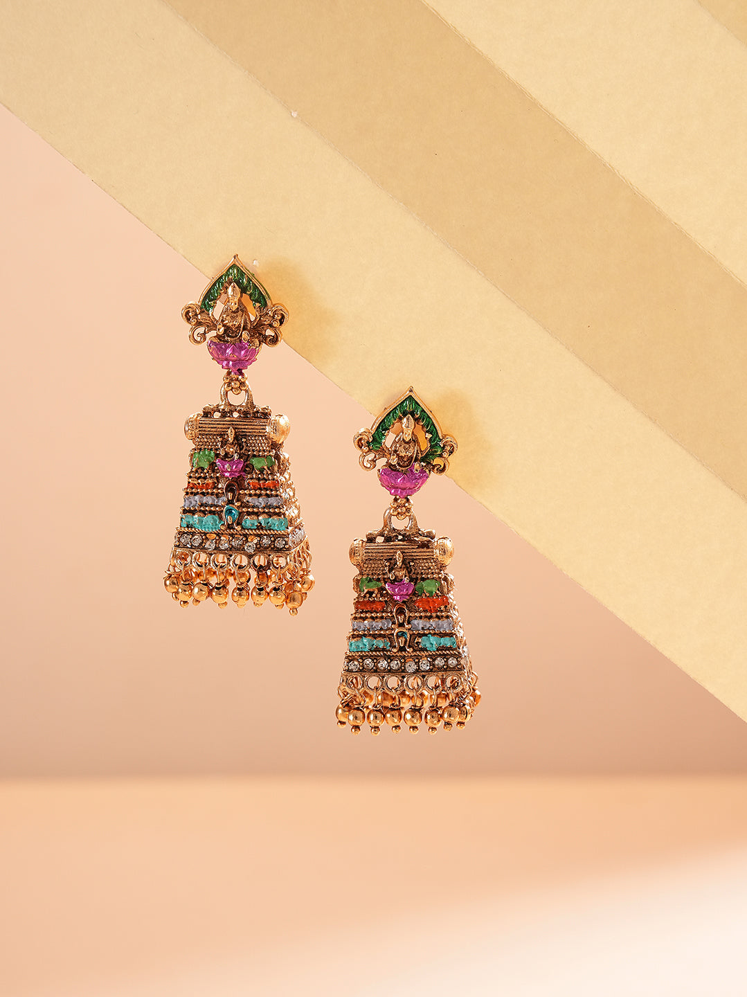 Antique Gold Plated Multicolour Beaded Temple Jhumka Earrings