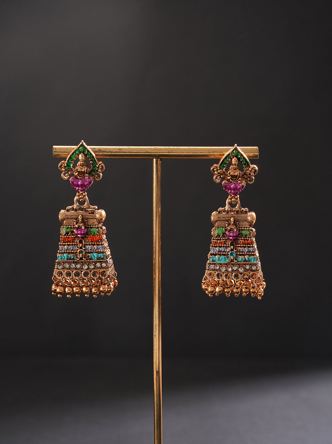 Antique Gold Plated Multicolour Beaded Temple Jhumka Earrings
