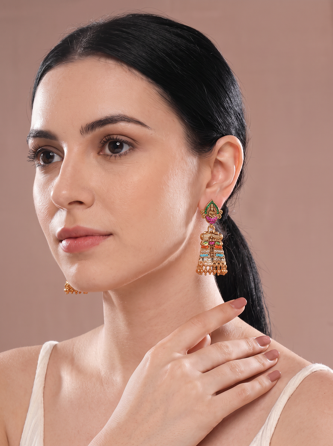 Antique Gold Plated Multicolour Beaded Temple Jhumka Earrings