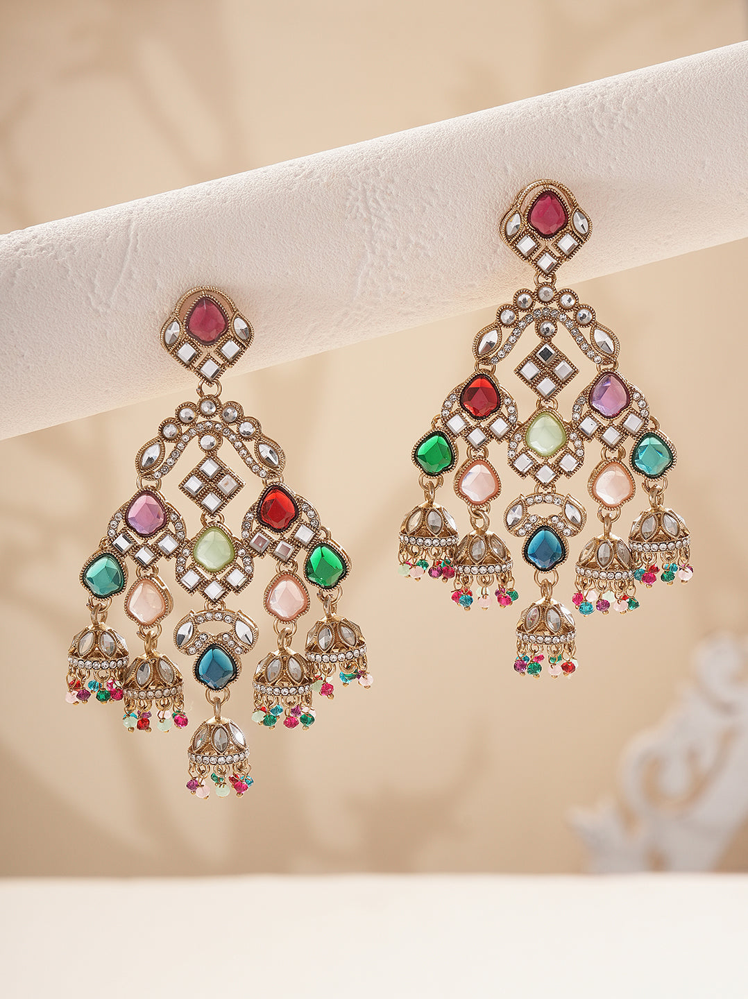 Gold plated multicolour stone chandelier chandbali earrings