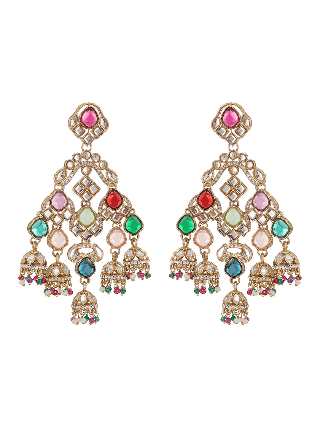 Gold Plated Multicolour Stone Studded Chandelier Chandbali Earrings