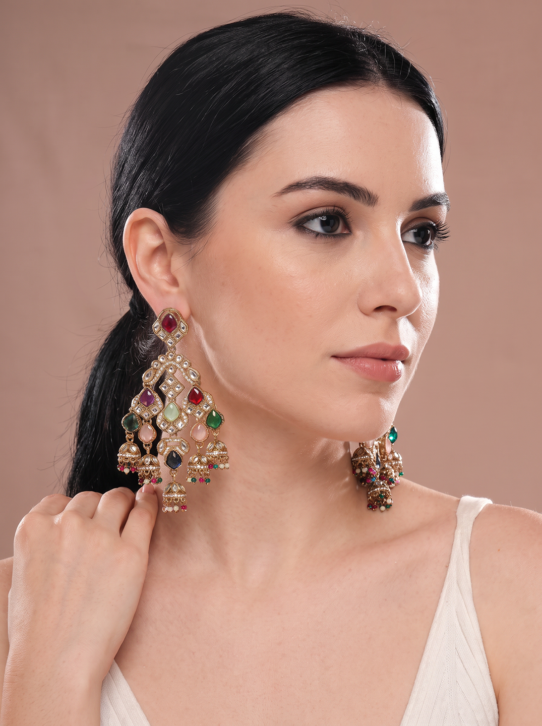 Gold Plated Multicolour Stone Studded Chandelier Chandbali Earrings