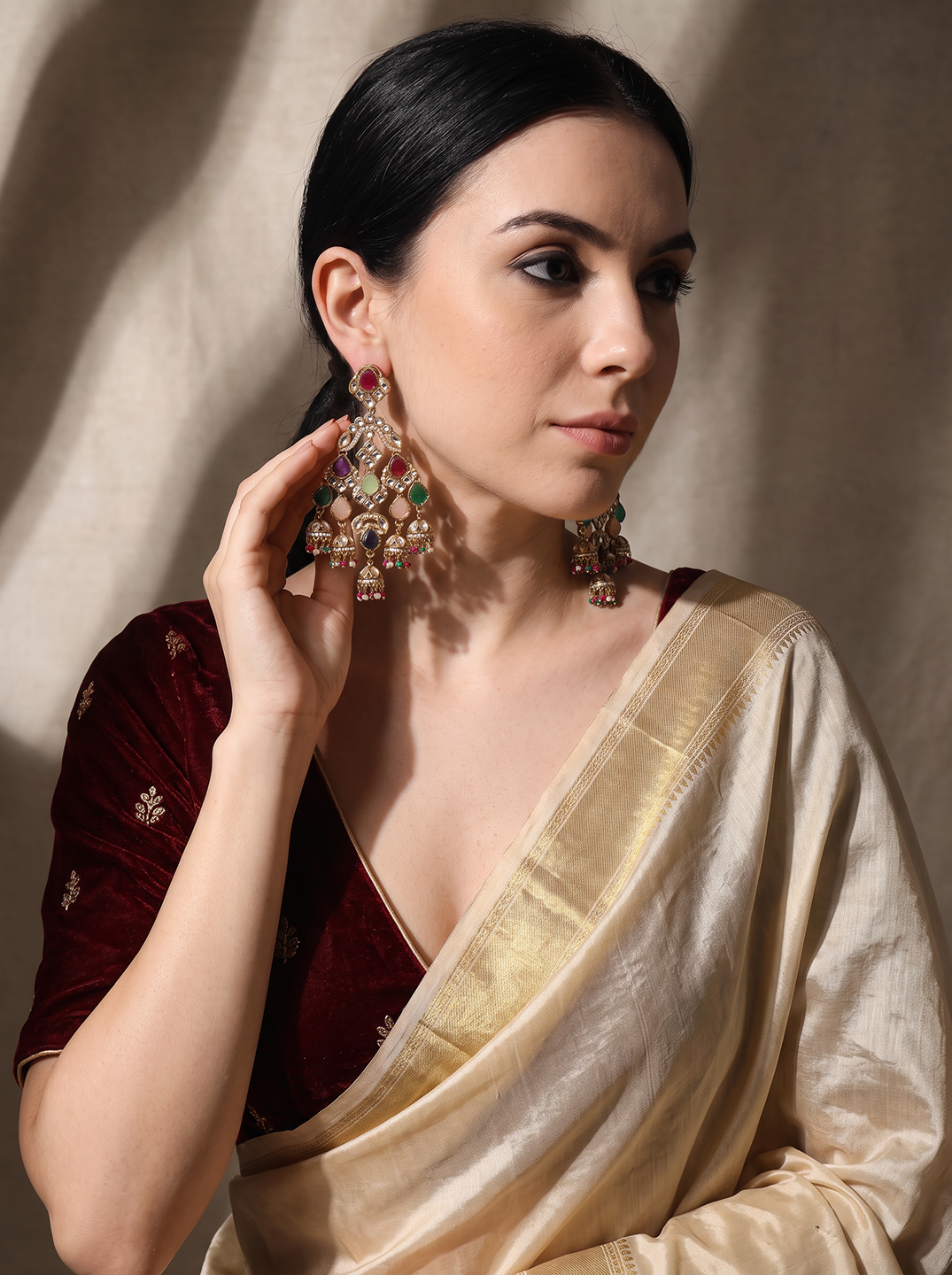 Gold Plated Multicolour Stone Studded Chandelier Chandbali Earrings