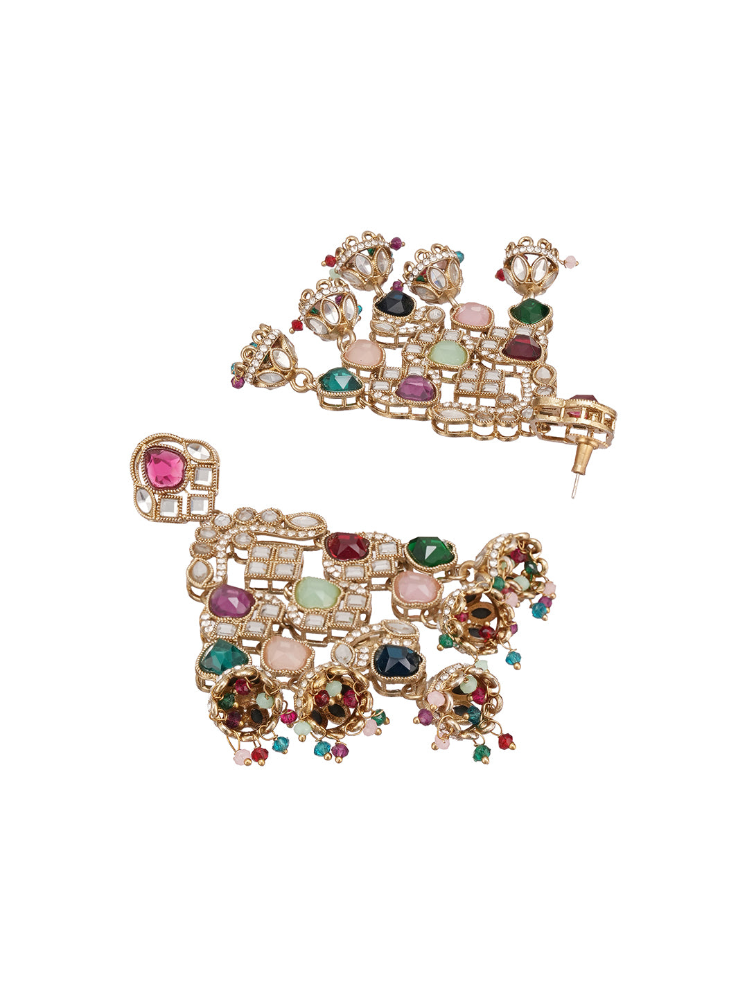 Gold Plated Multicolour Stone Studded Chandelier Chandbali Earrings