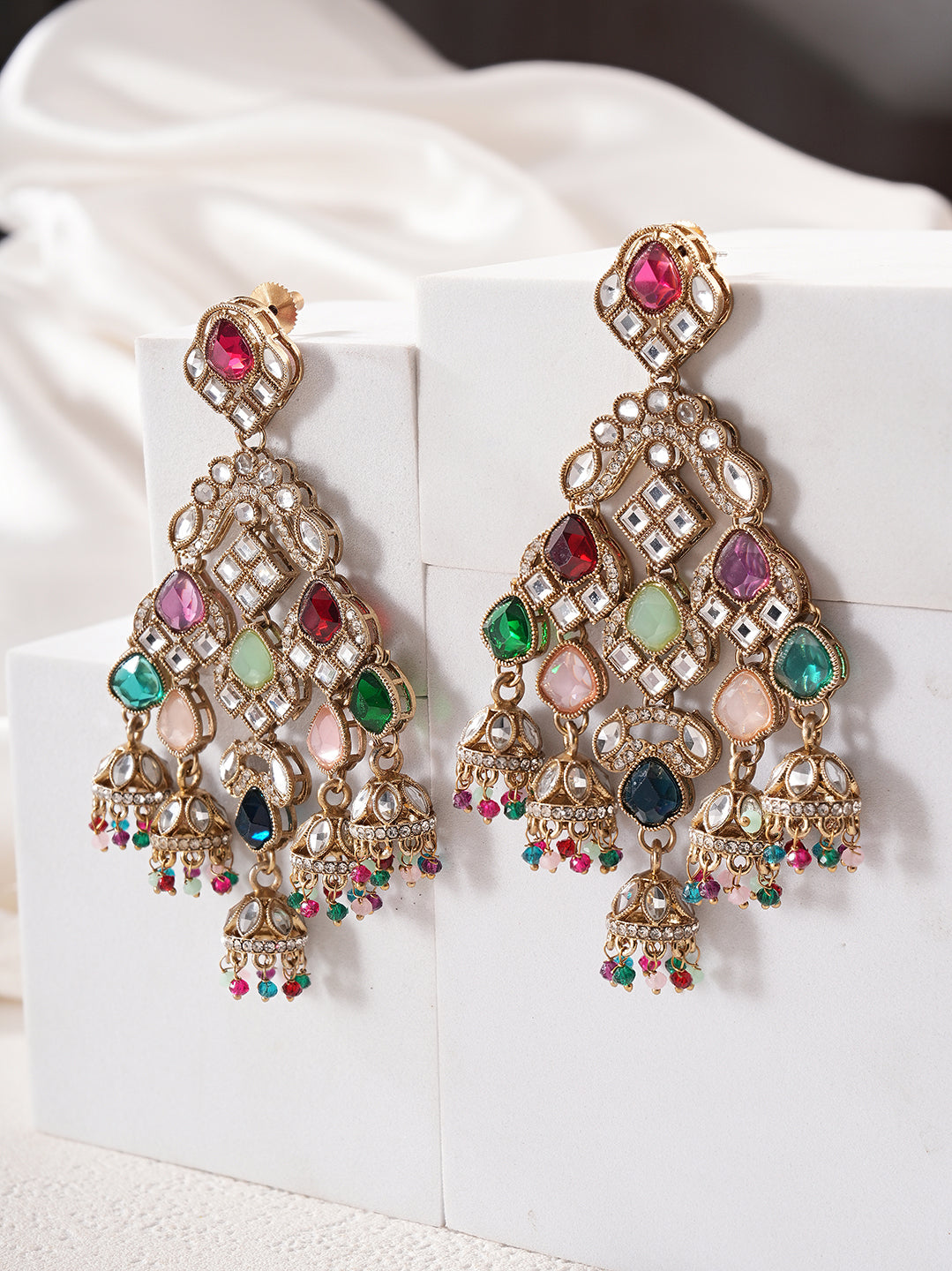 Gold Plated Multicolour Stone Studded Chandelier Chandbali Earrings