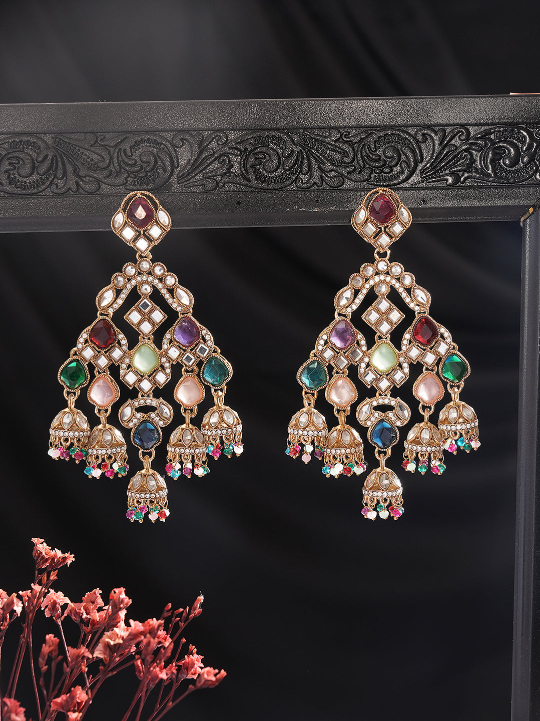Gold Plated Multicolour Stone Studded Chandelier Chandbali Earrings