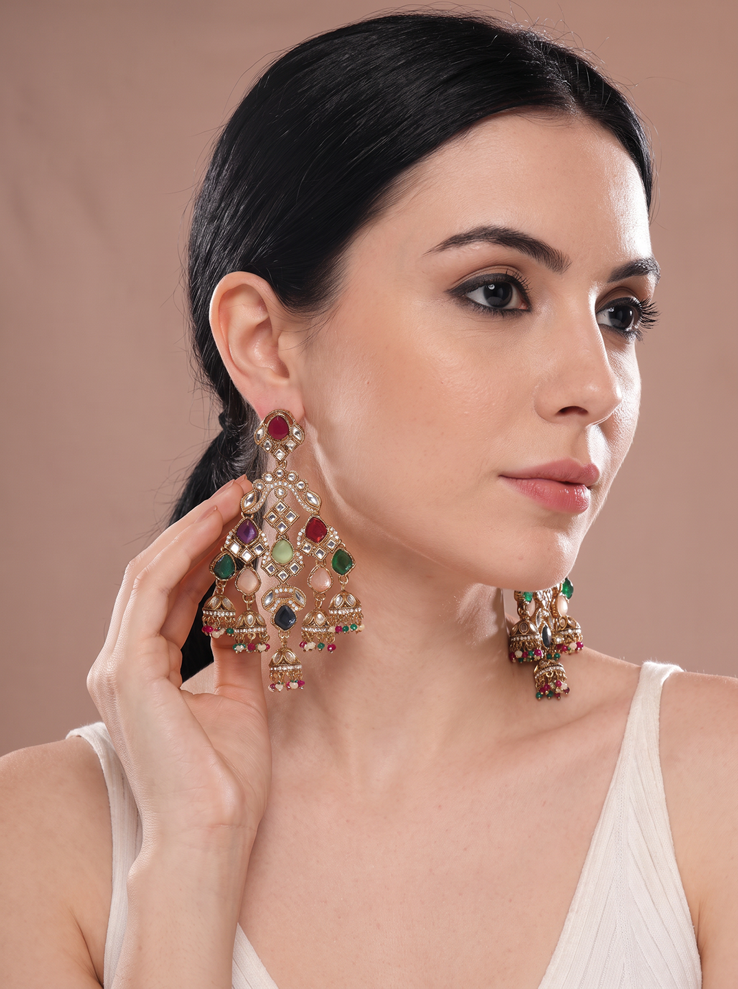 Gold Plated Multicolour Stone Studded Chandelier Chandbali Earrings
