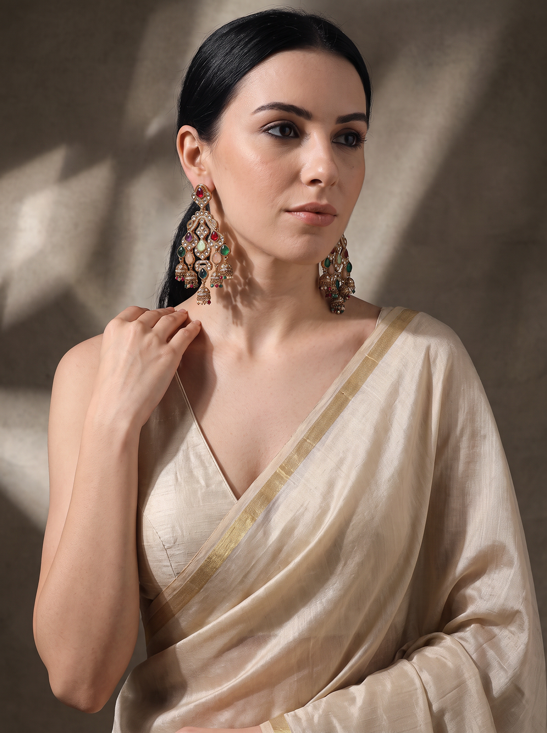 Gold Plated Multicolour Stone Studded Chandelier Chandbali Earrings