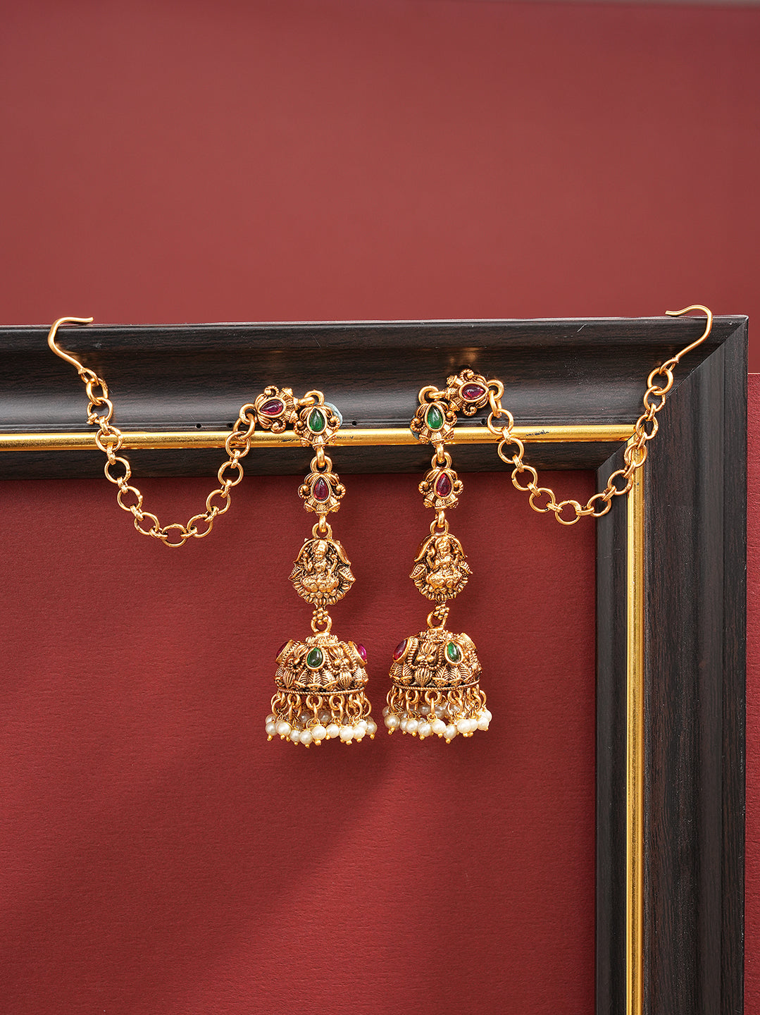 Antique gold multicolour stone jhumka earrings with ear chain sahara