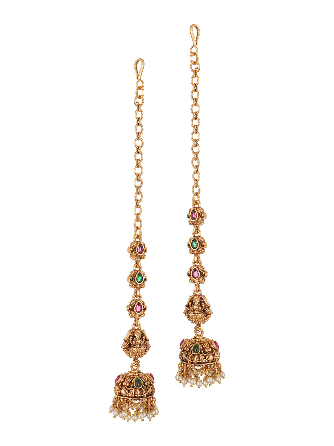 Antique Gold Plated Multicolour Stone Jhumka Earrings with Ear Chain (Sahara)