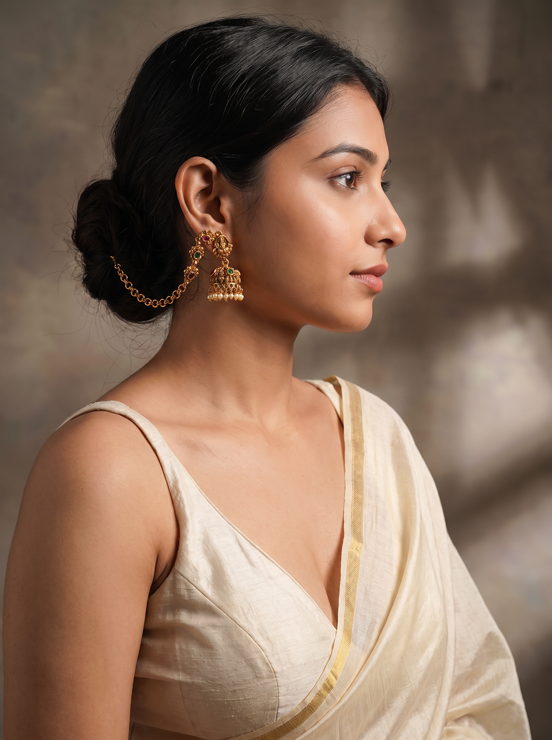 Antique Gold Plated Multicolour Stone Jhumka Earrings with Ear Chain (Sahara)