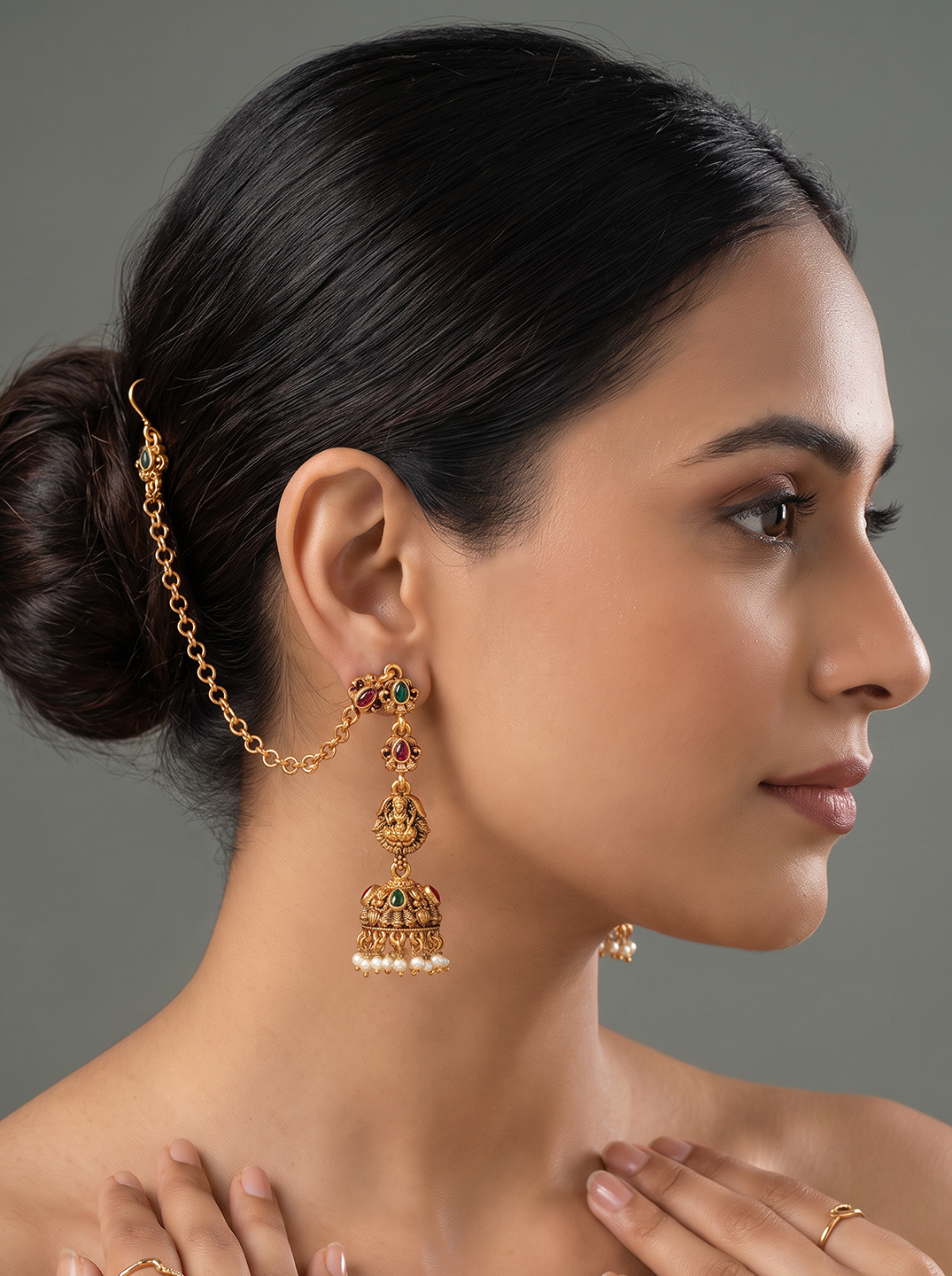 Antique Gold Plated Multicolour Stone Jhumka Earrings with Ear Chain (Sahara)