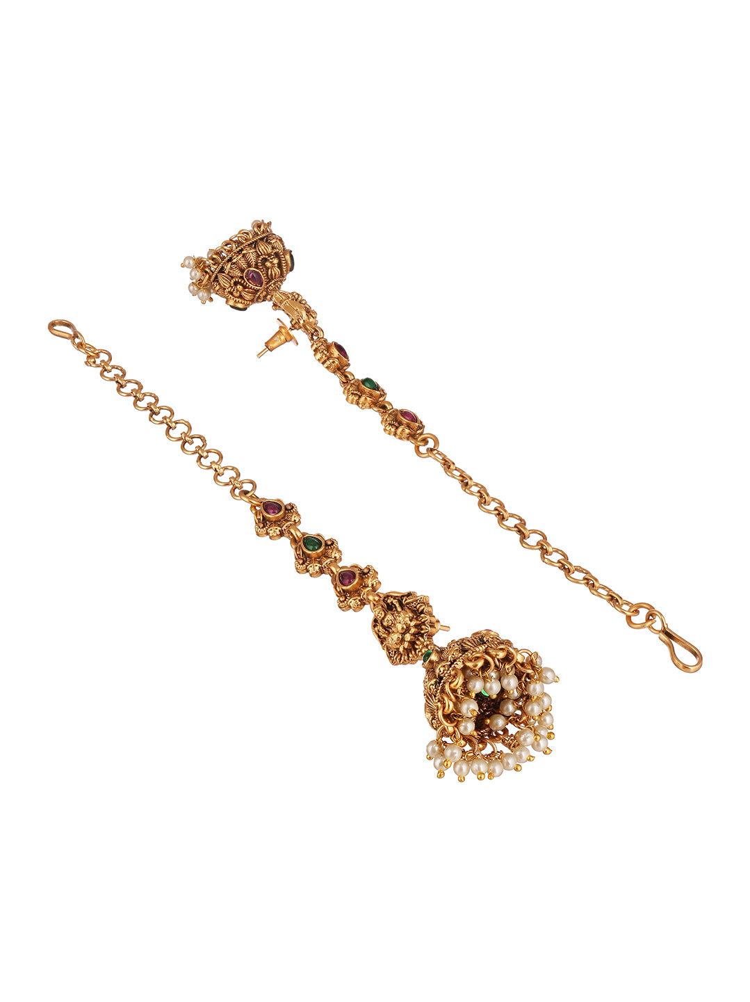 Antique Gold Plated Multicolour Stone Jhumka Earrings with Ear Chain (Sahara)