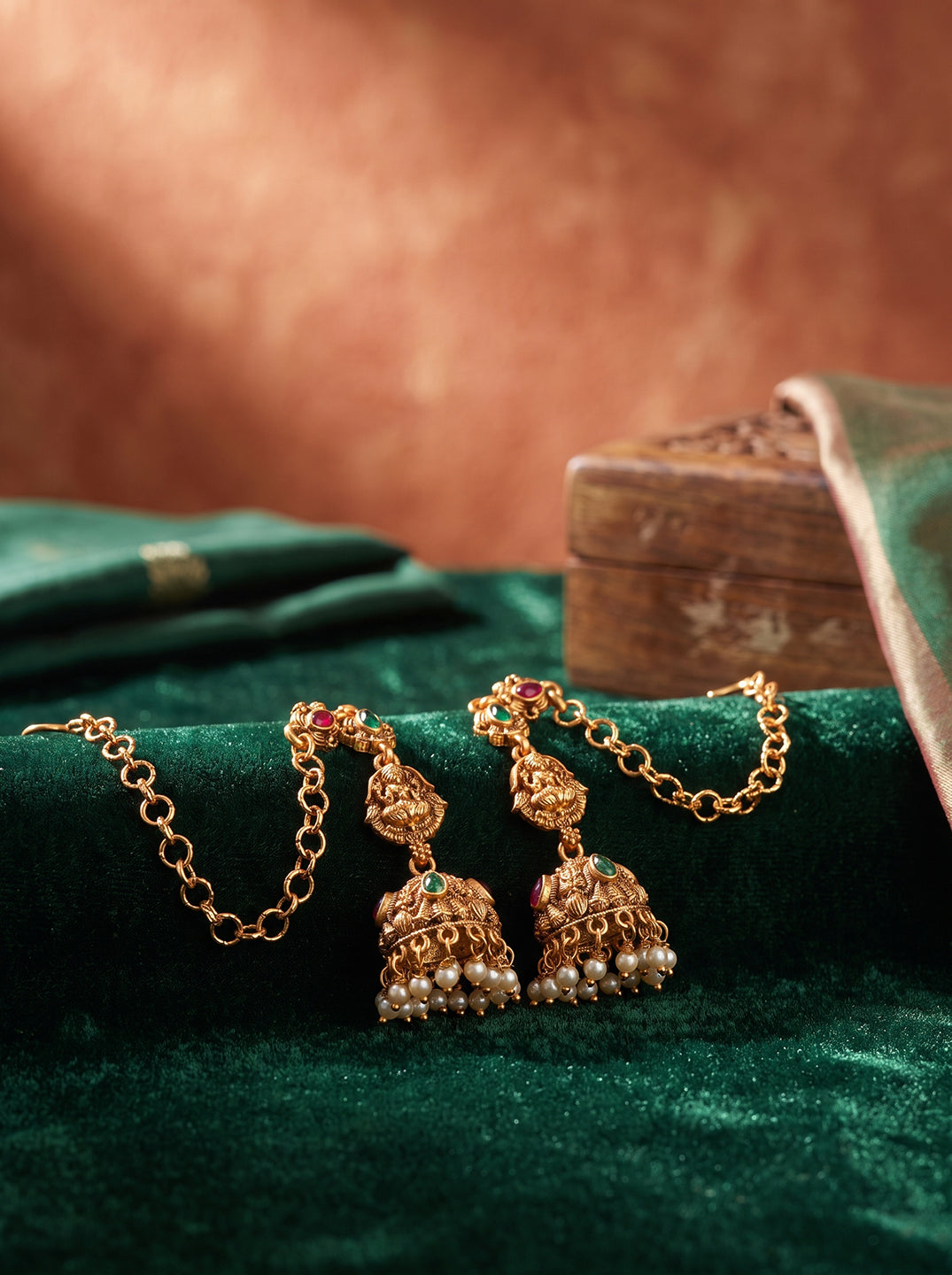 Antique Gold Plated Multicolour Stone Jhumka Earrings with Ear Chain (Sahara)