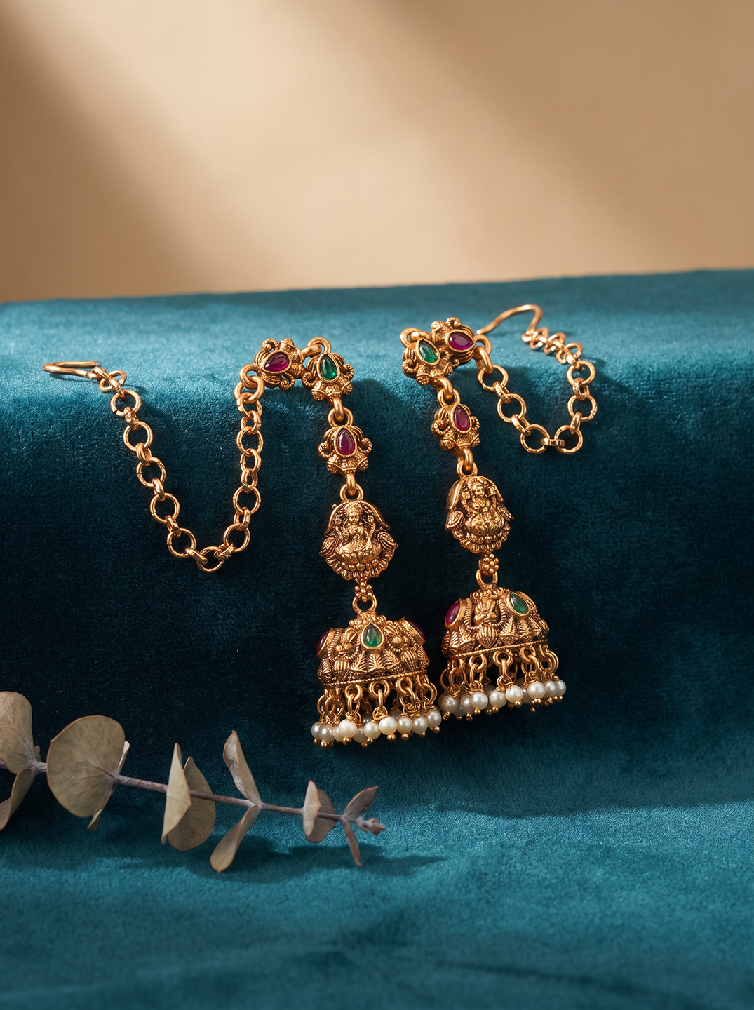Antique Gold Plated Multicolour Stone Jhumka Earrings with Ear Chain (Sahara)