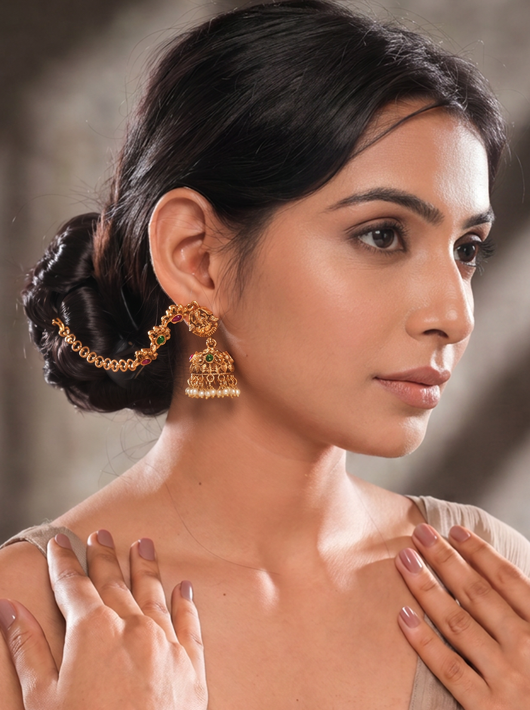 Antique Gold Plated Multicolour Stone Jhumka Earrings with Ear Chain (Sahara)