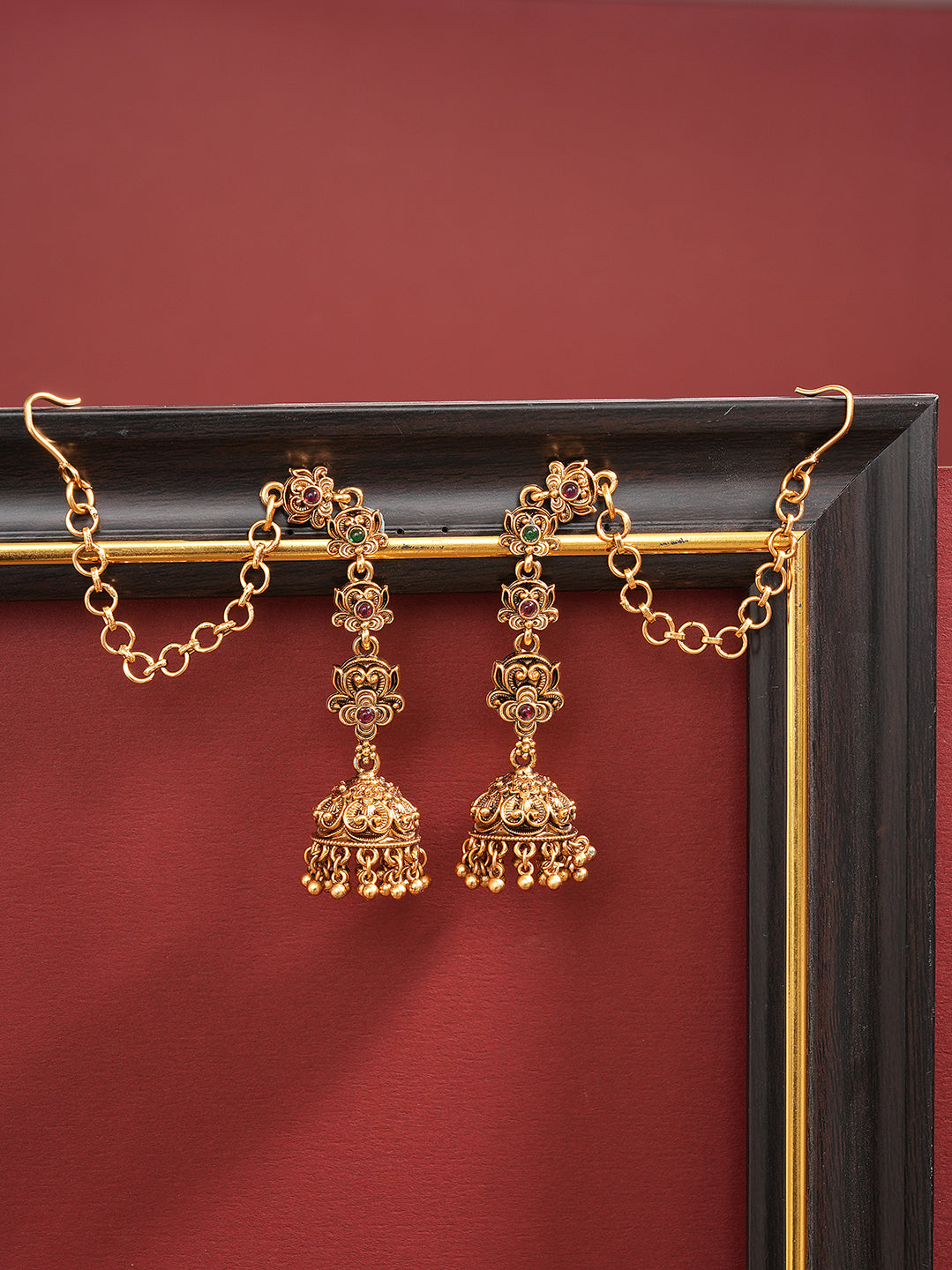 Antique gold temple jhumka earrings with ear chain sahara
