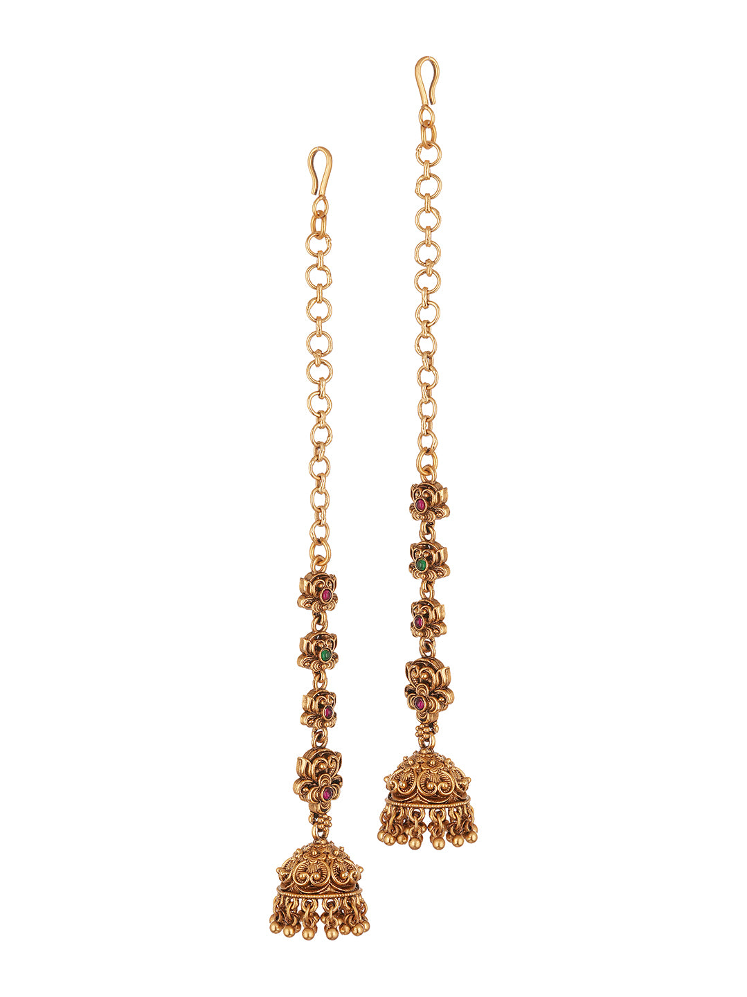 Antique Gold Plated Temple Jhumka Earrings with Ear Chain (Sahara)