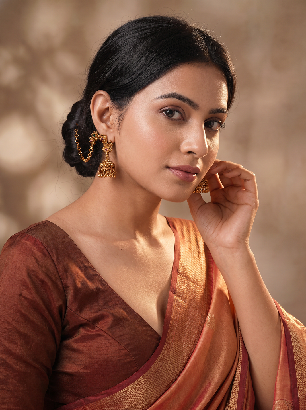 Antique Gold Plated Temple Jhumka Earrings with Ear Chain (Sahara)