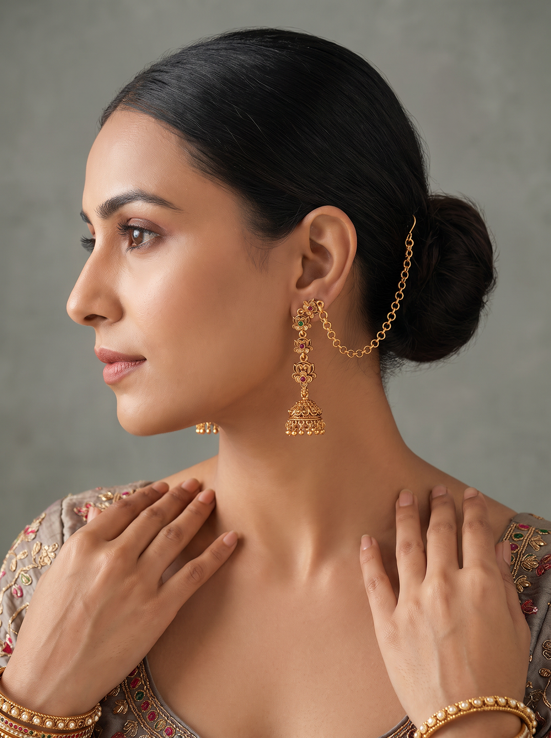 Antique Gold Plated Temple Jhumka Earrings with Ear Chain (Sahara)
