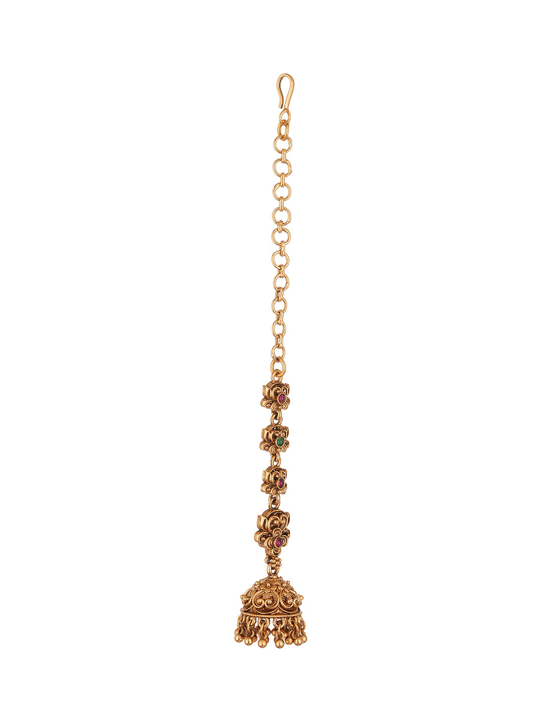 Antique Gold Plated Temple Jhumka Earrings with Ear Chain (Sahara)