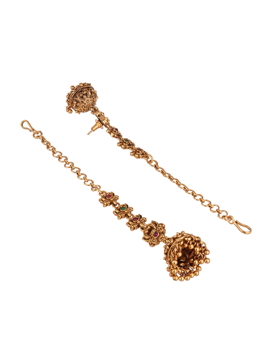 Antique Gold Plated Temple Jhumka Earrings with Ear Chain (Sahara)