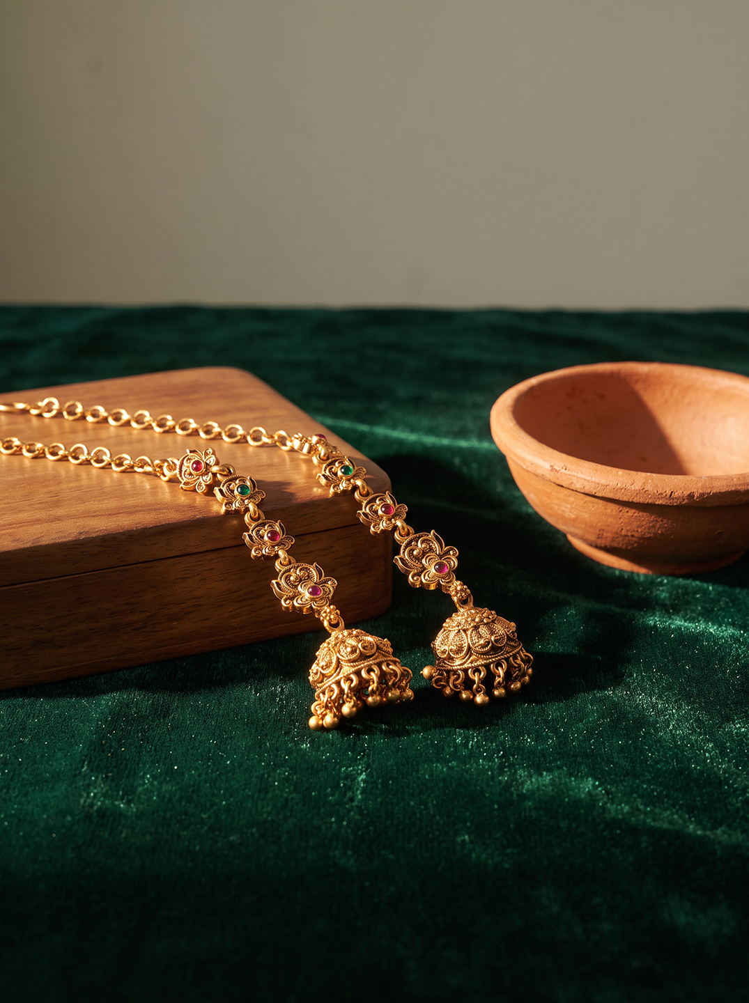 Antique Gold Plated Temple Jhumka Earrings with Ear Chain (Sahara)