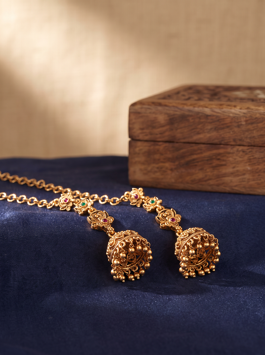 Antique Gold Plated Temple Jhumka Earrings with Ear Chain (Sahara)