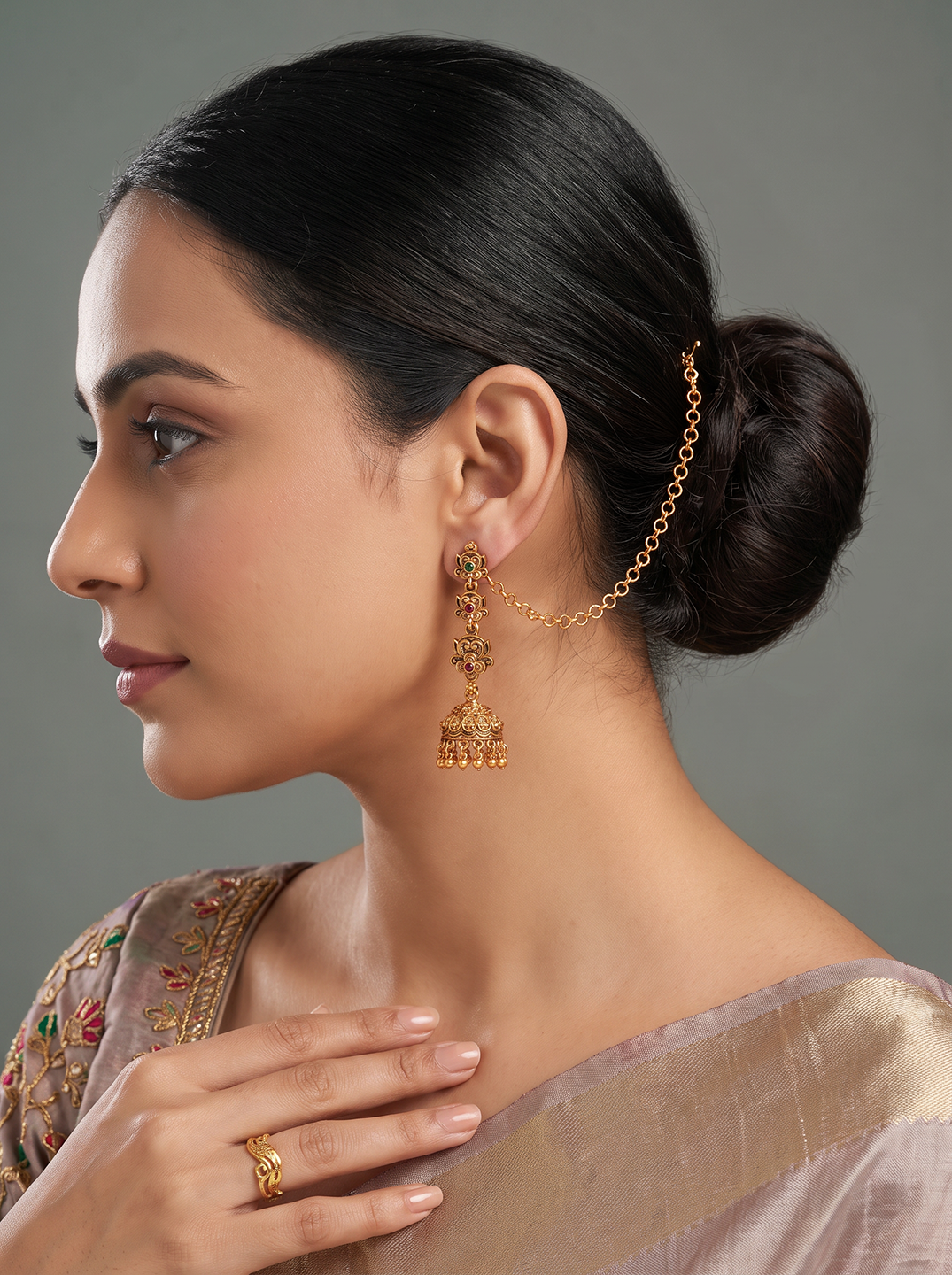 Antique Gold Plated Temple Jhumka Earrings with Ear Chain (Sahara)
