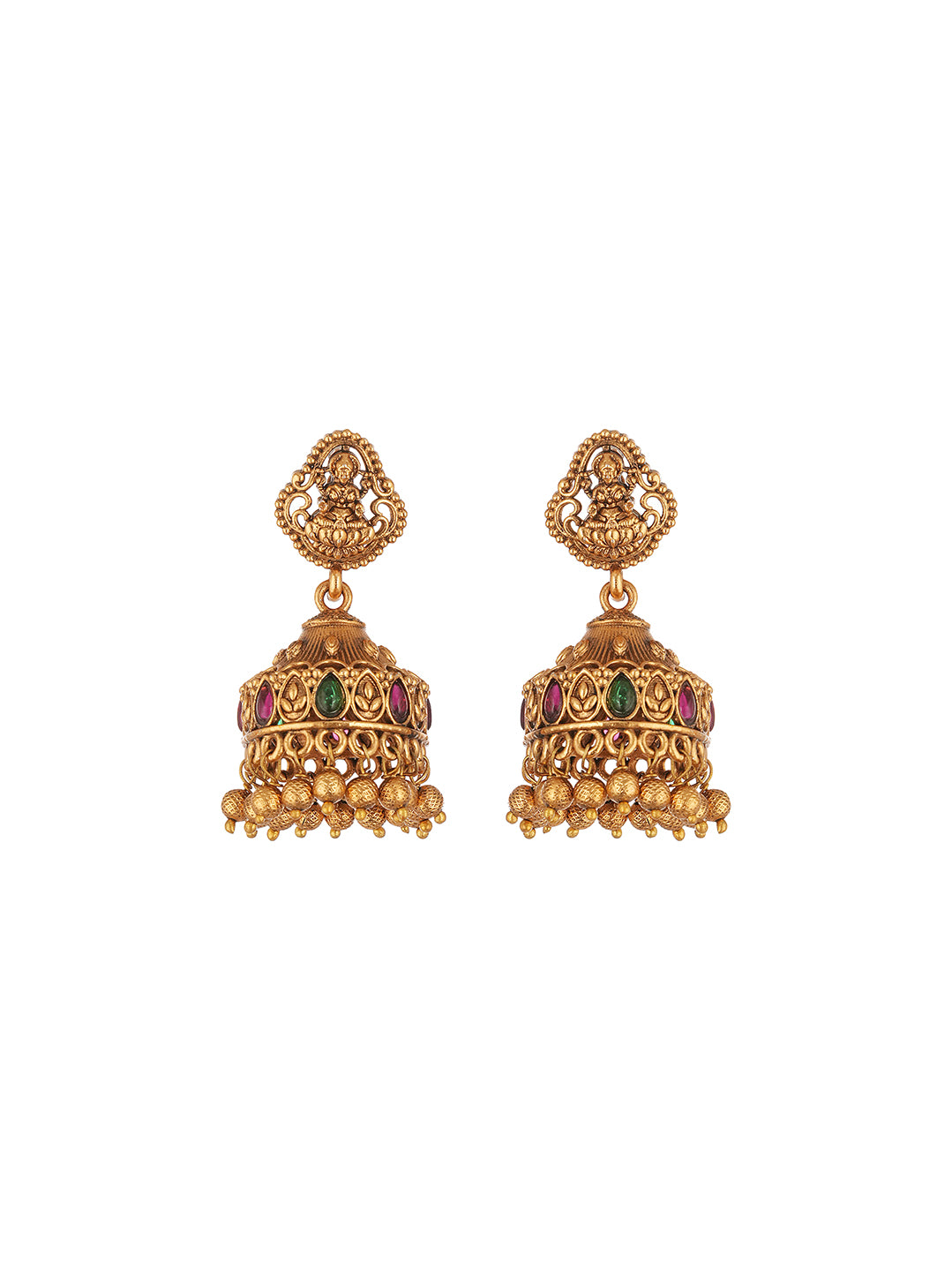 Antique Gold Plated Ruby Green Stone Temple Jhumka Earrings