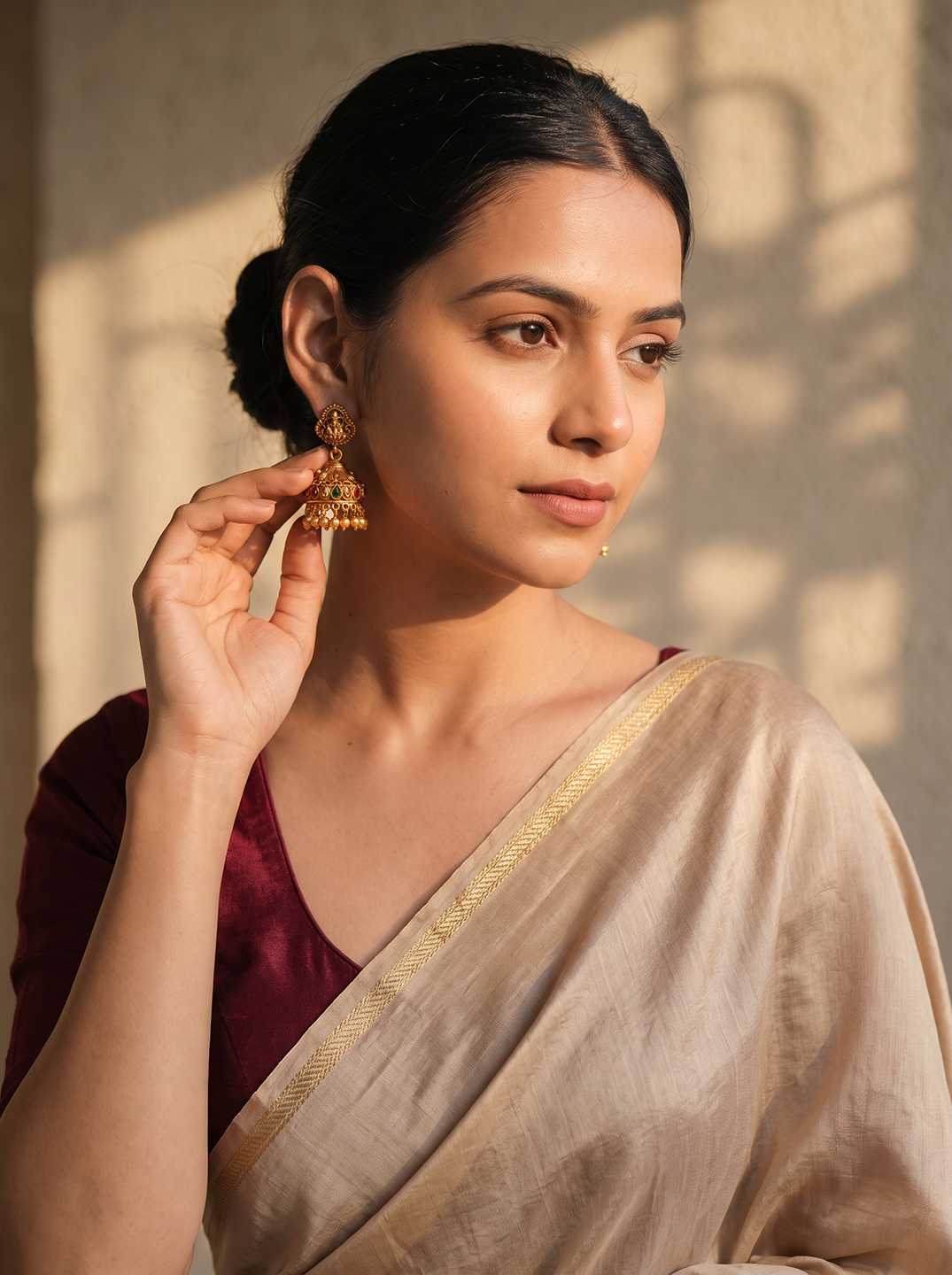 Antique Gold Plated Ruby Green Stone Temple Jhumka Earrings