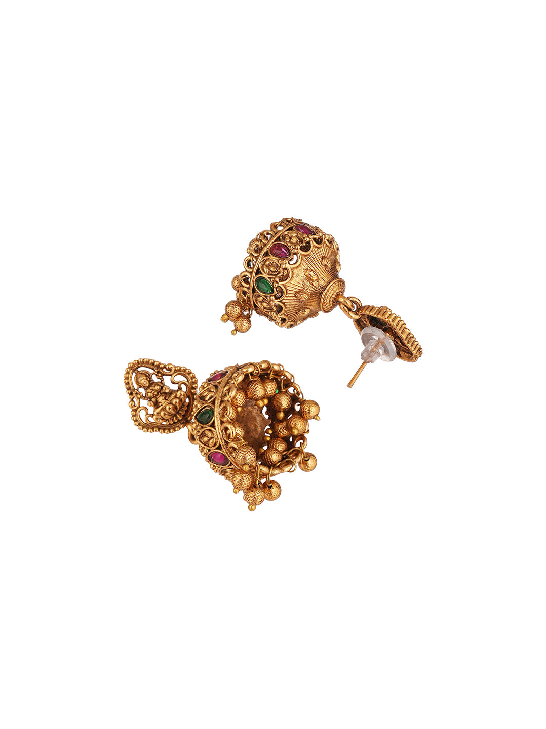 Antique Gold Plated Ruby Green Stone Temple Jhumka Earrings