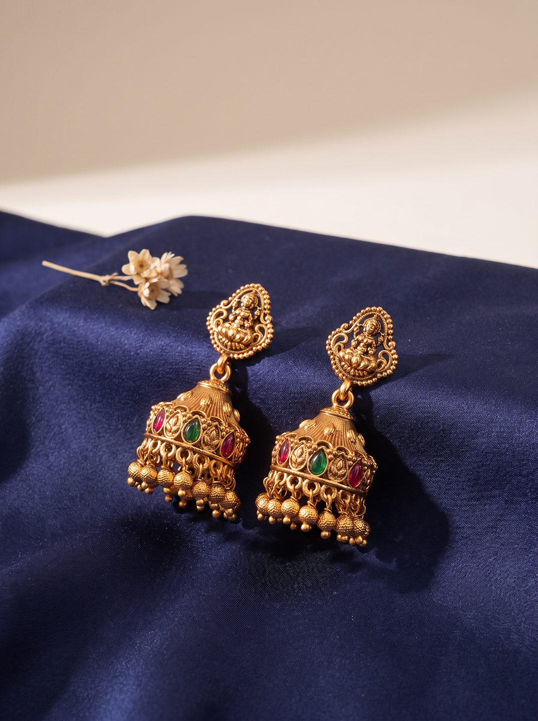 Antique Gold Plated Ruby Green Stone Temple Jhumka Earrings