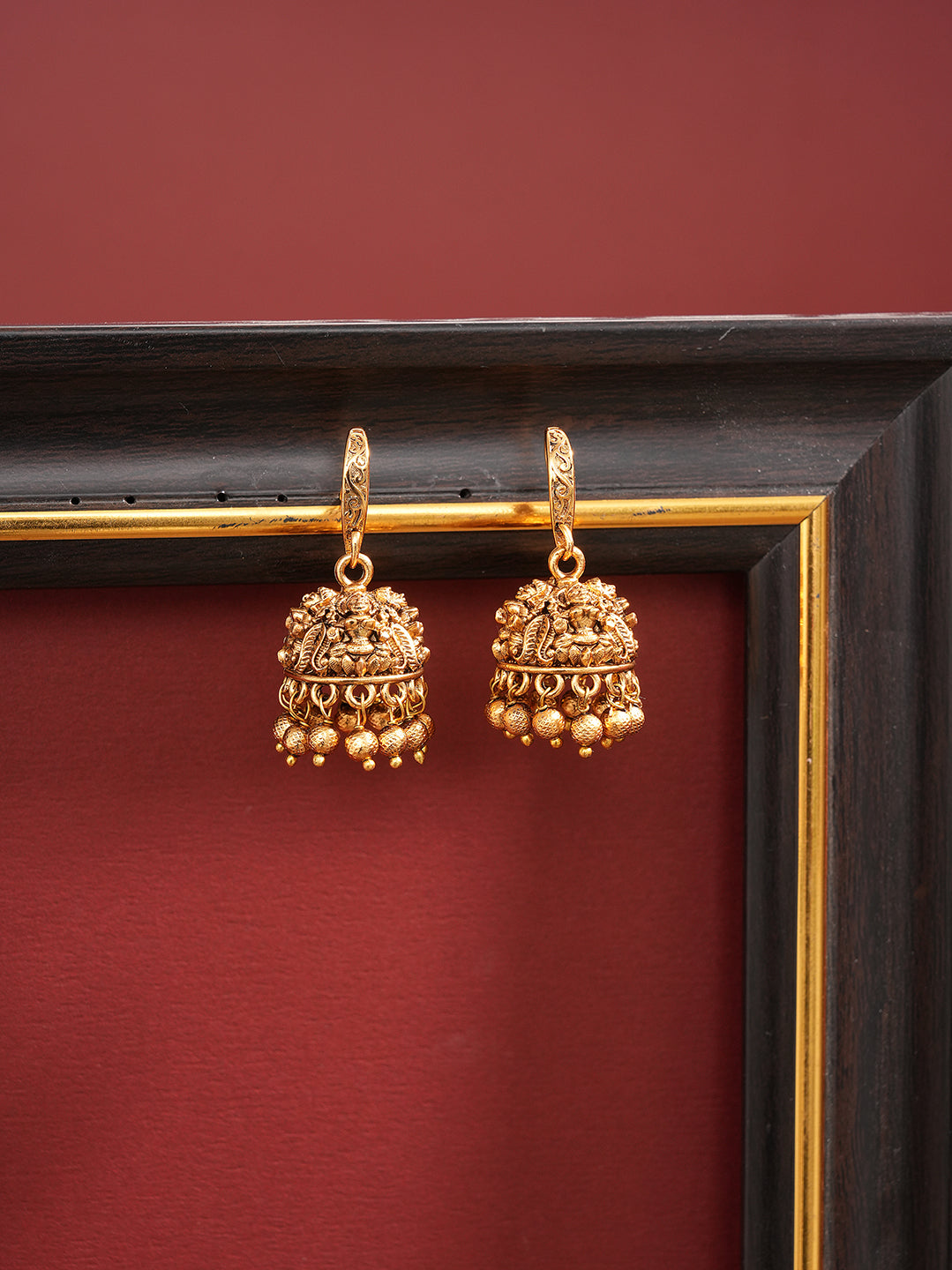 Antique gold small temple hook jhumka earrings
