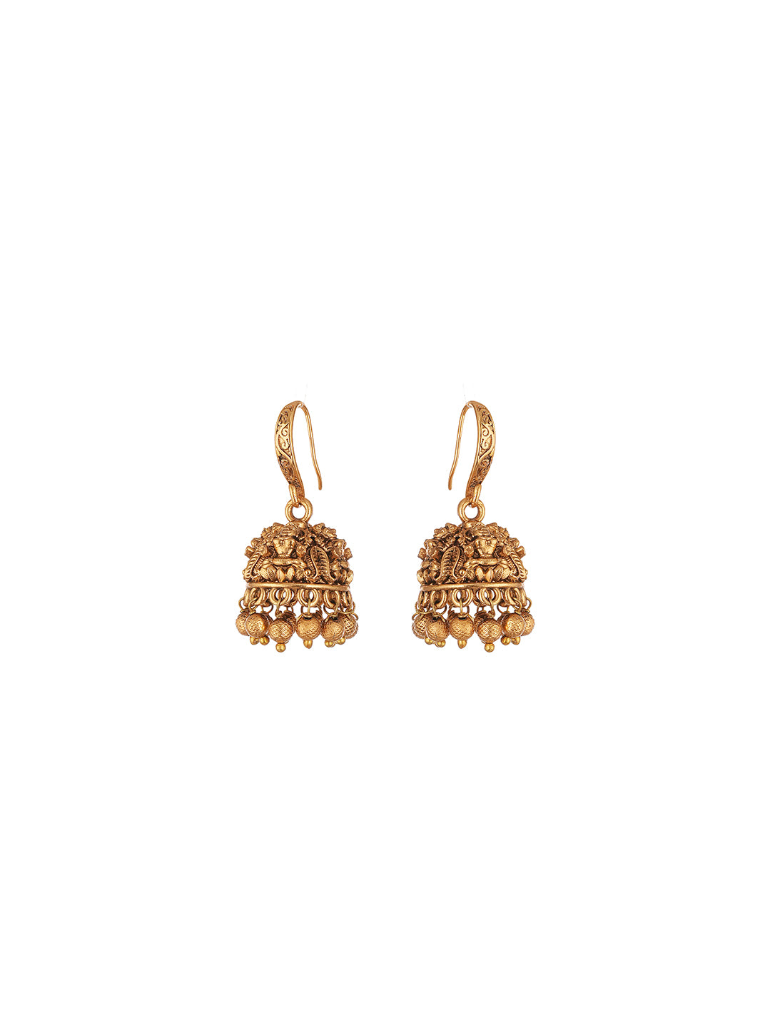 Antique Gold Plated Small Temple Hook Jhumka Earrings