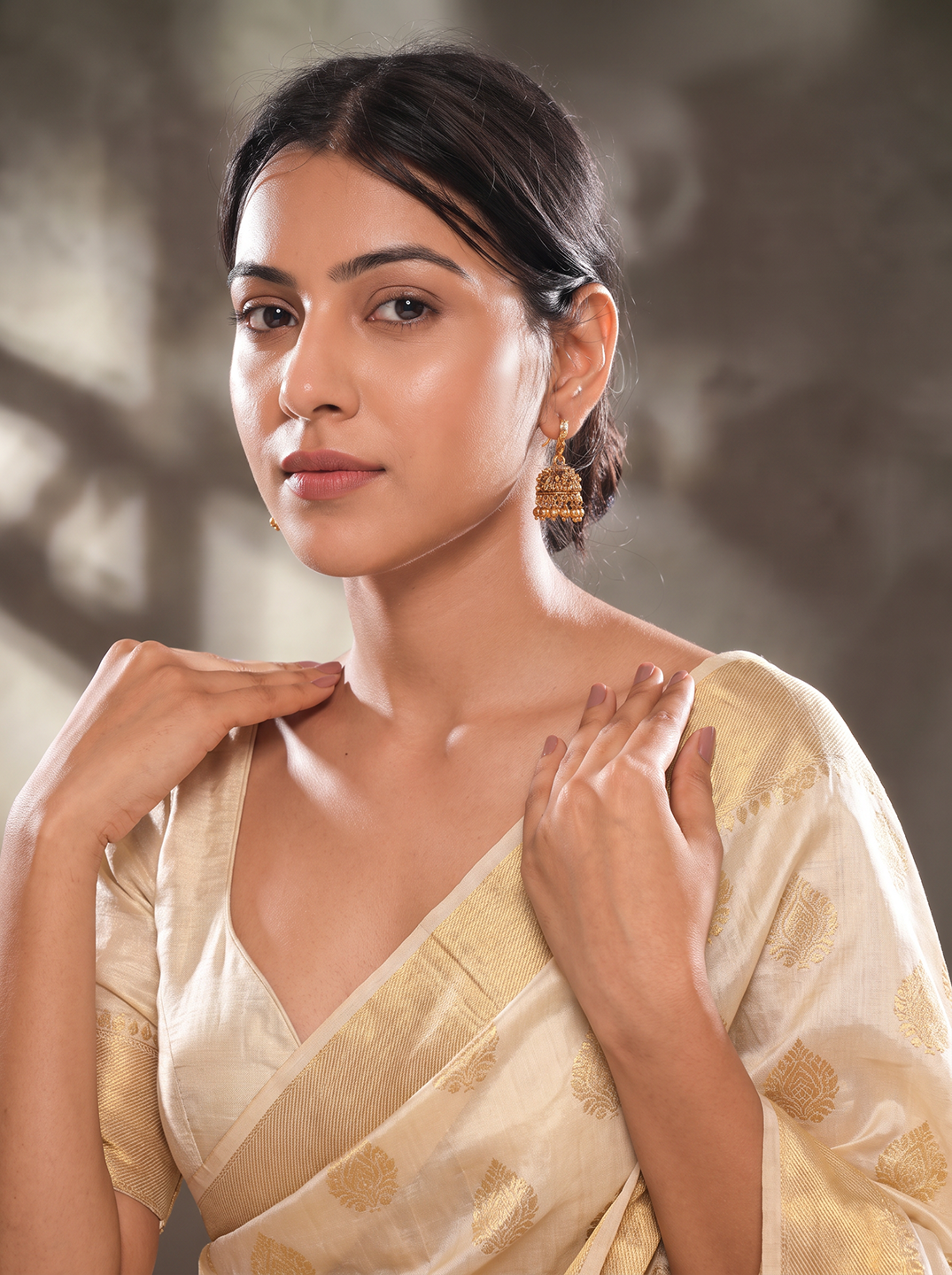 Antique Gold Plated Small Temple Hook Jhumka Earrings