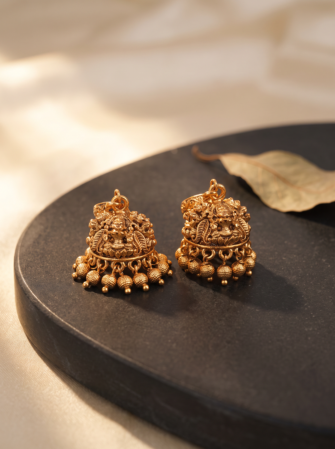 Antique Gold Plated Small Temple Hook Jhumka Earrings