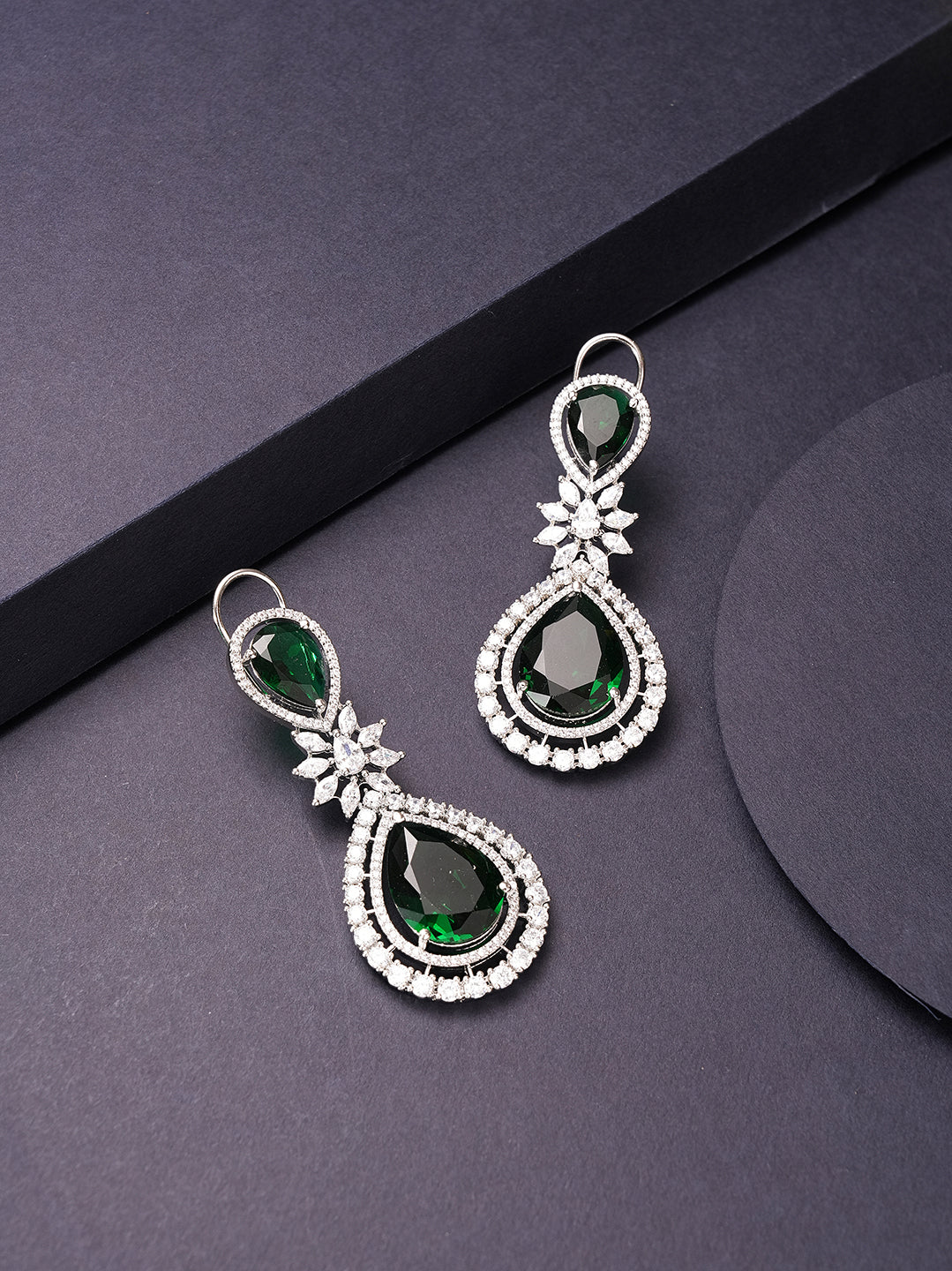 Silver plated green stone AD teardrop drop earrings
