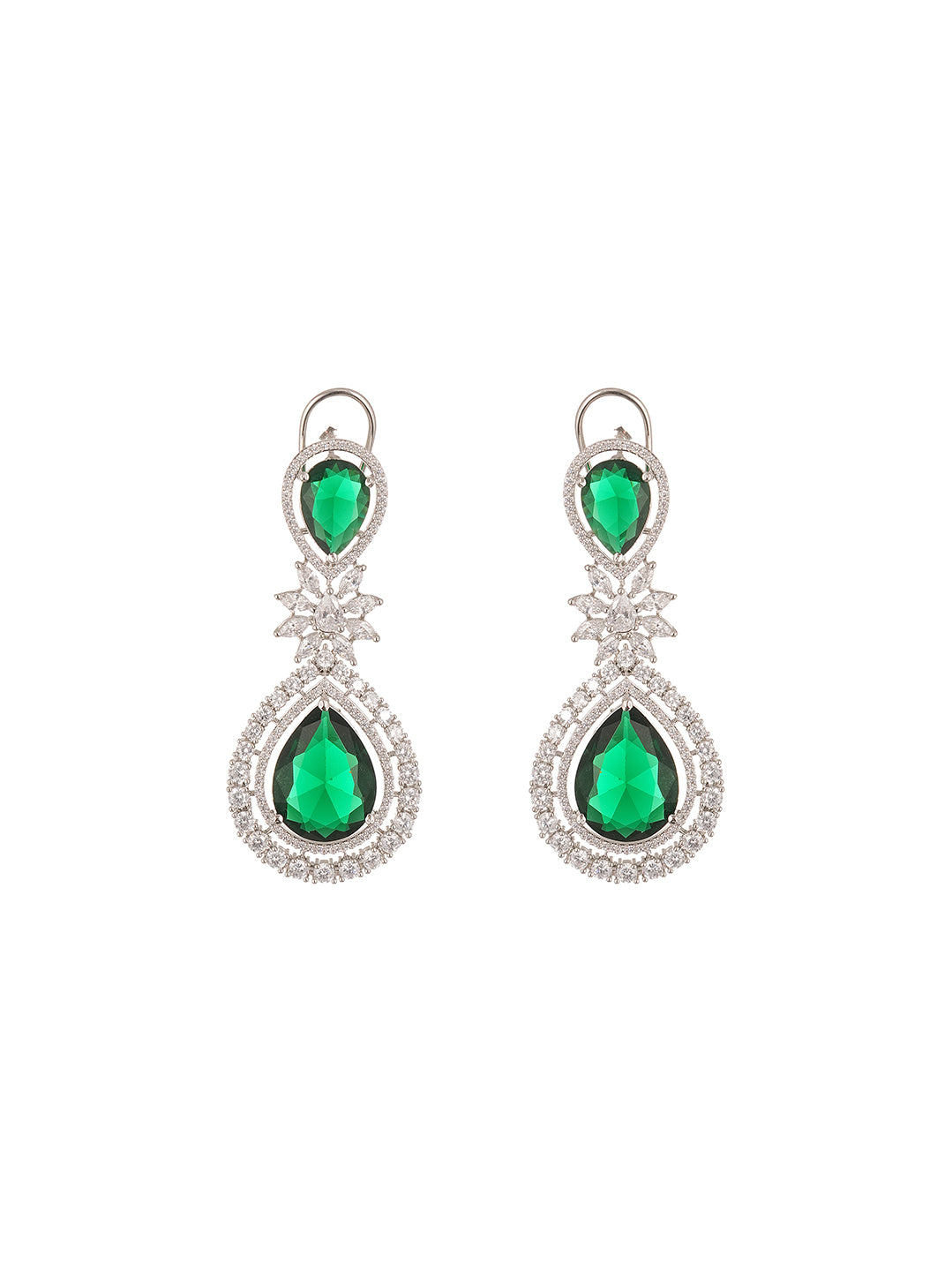 Silver Plated Green Stone & White AD Teardrop Drop Earrings