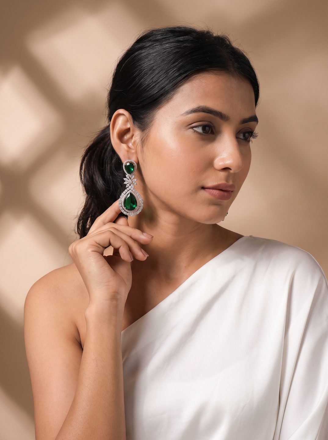 Silver Plated Green Stone & White AD Teardrop Drop Earrings