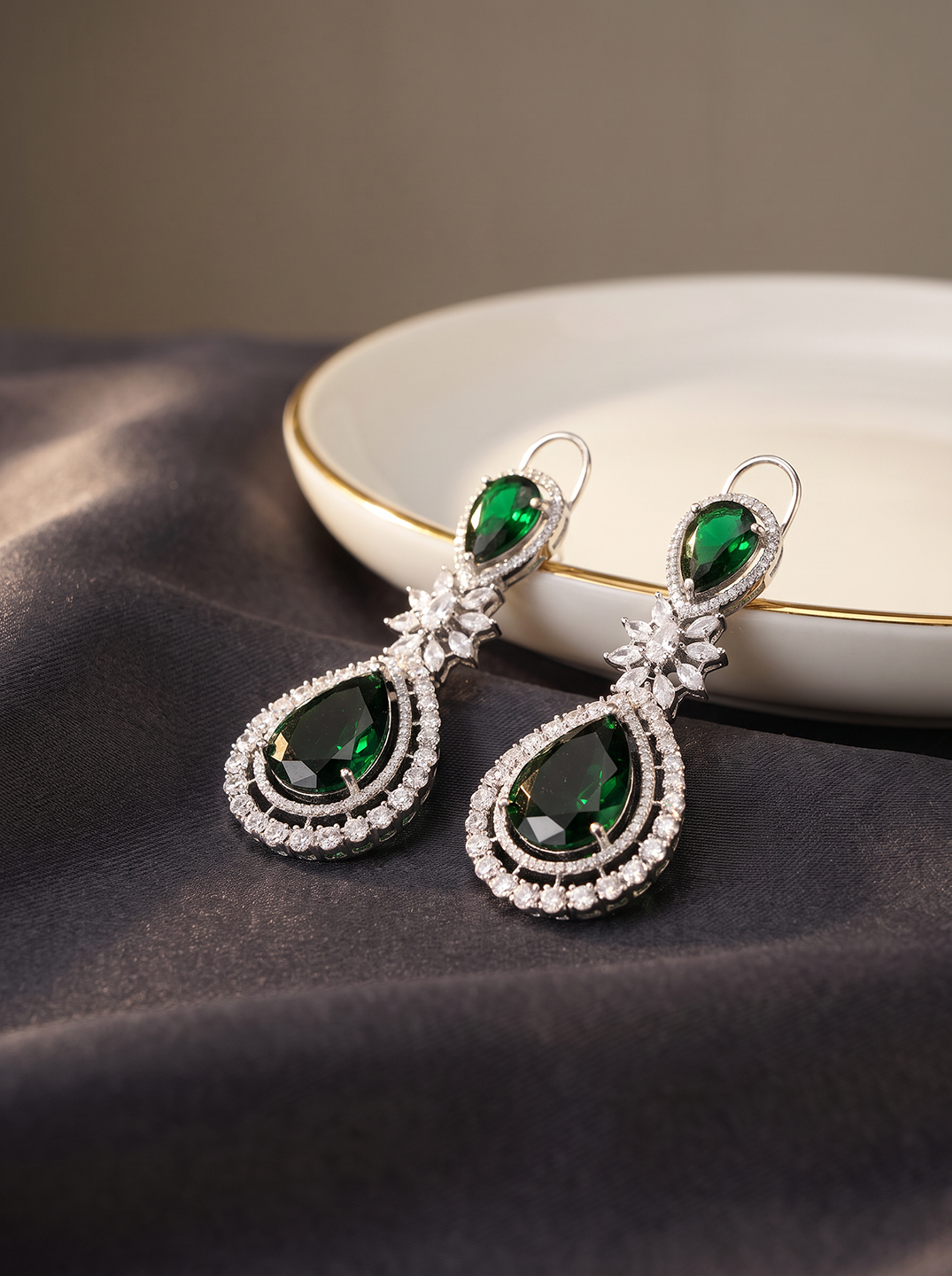 Silver Plated Green Stone & White AD Teardrop Drop Earrings