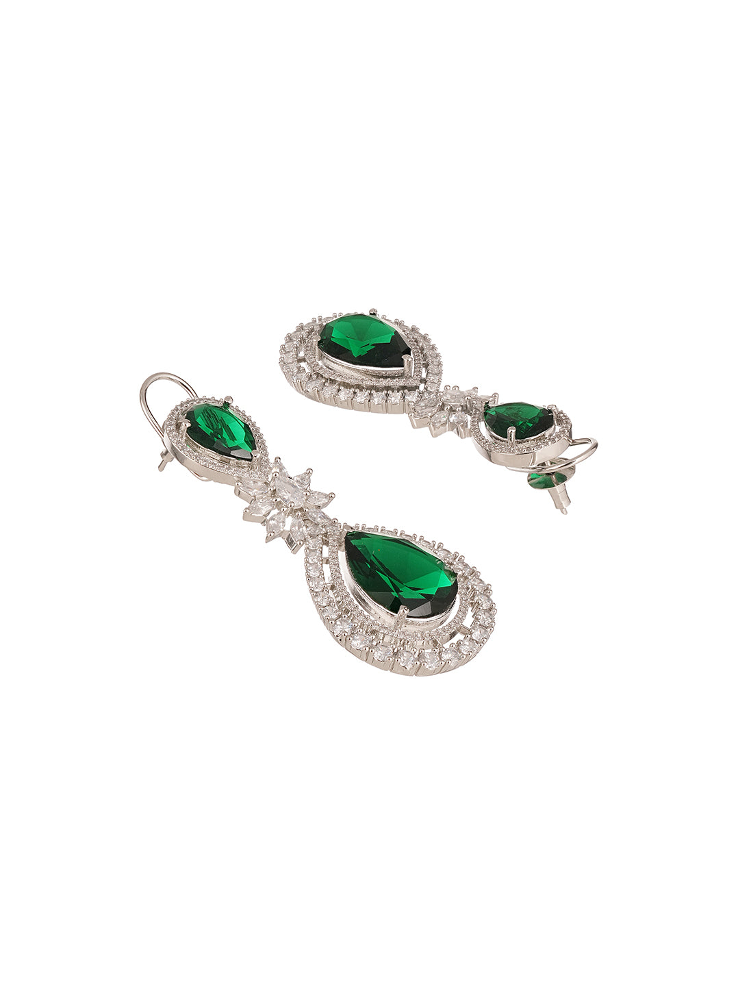 Silver Plated Green Stone & White AD Teardrop Drop Earrings