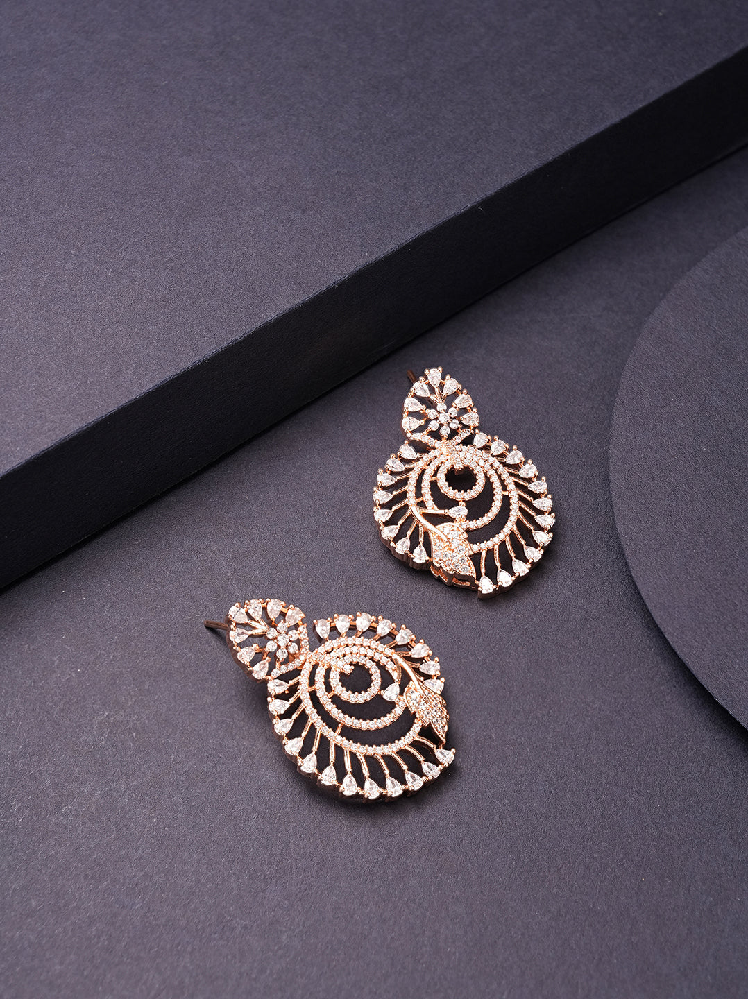 Rose gold plated AD spiral chandbali drop earrings