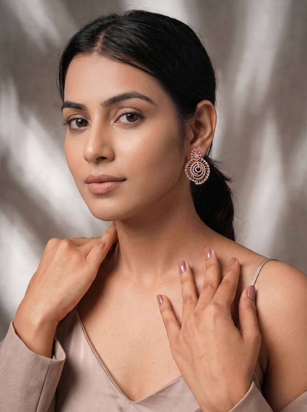 Rose Gold Plated White AD Spiral Chandbali Drop Earrings