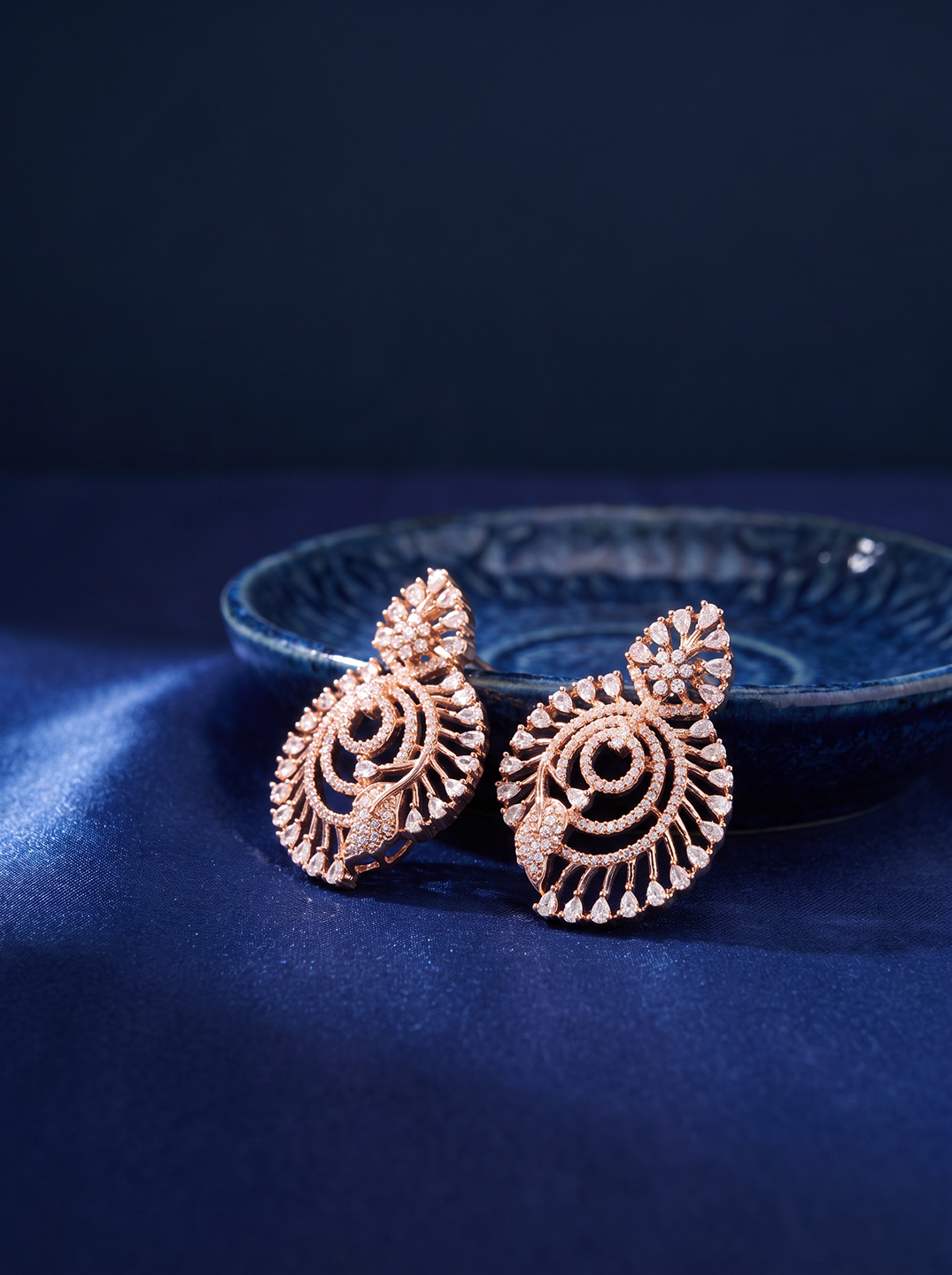 Rose Gold Plated White AD Spiral Chandbali Drop Earrings