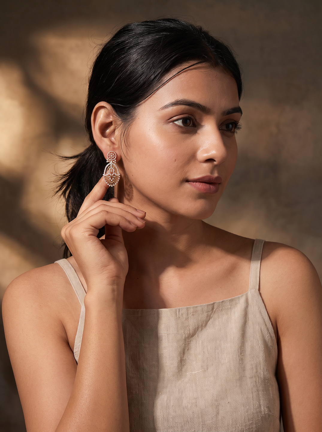 Rose Gold Plated White AD Teardrop Dangler Earrings